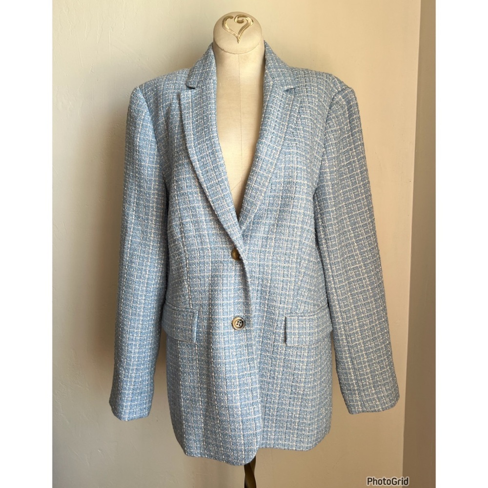ANN TAYLOR BLUE WHITE TWEED THE GREENWICH BLAZER JACKET size 12 - Picture 3 of 7